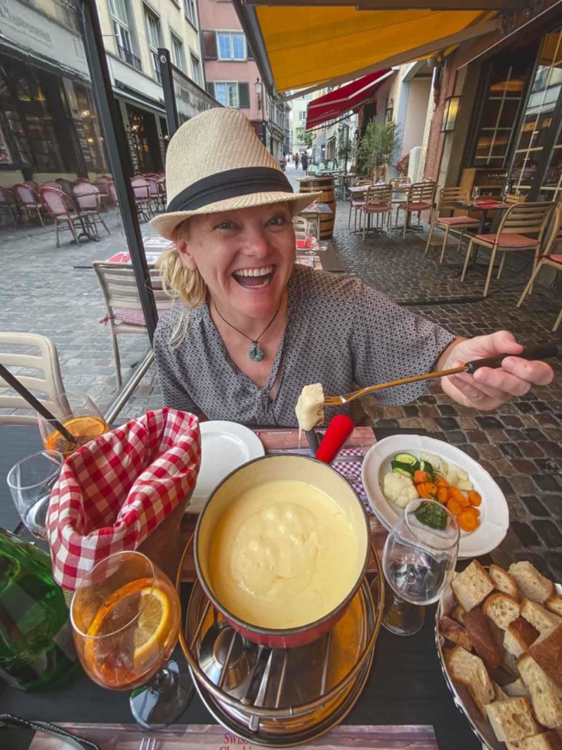 Deb enjoying traditional cheese fondue in Zurich’s Old Town
