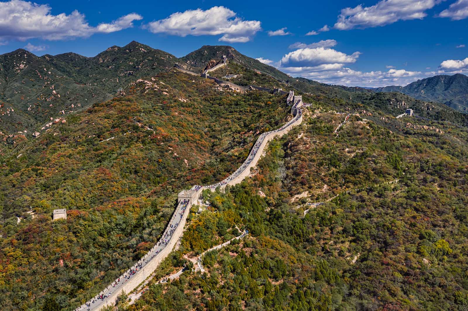 Aerial view of the Great Wall of China winding through mountains