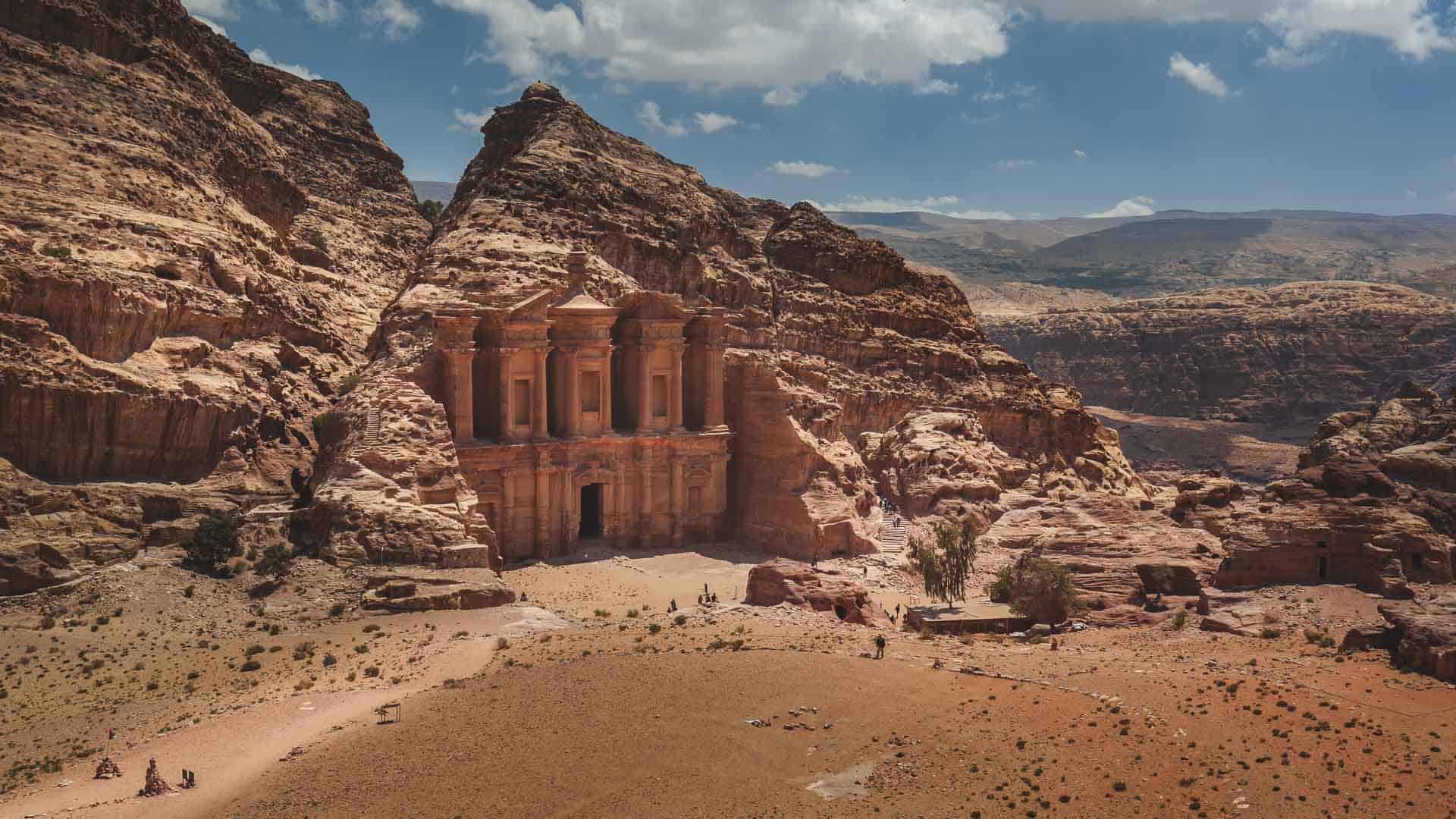 Al Khazneh Treasury at Petra, Jordan carved into rose-red cliffs