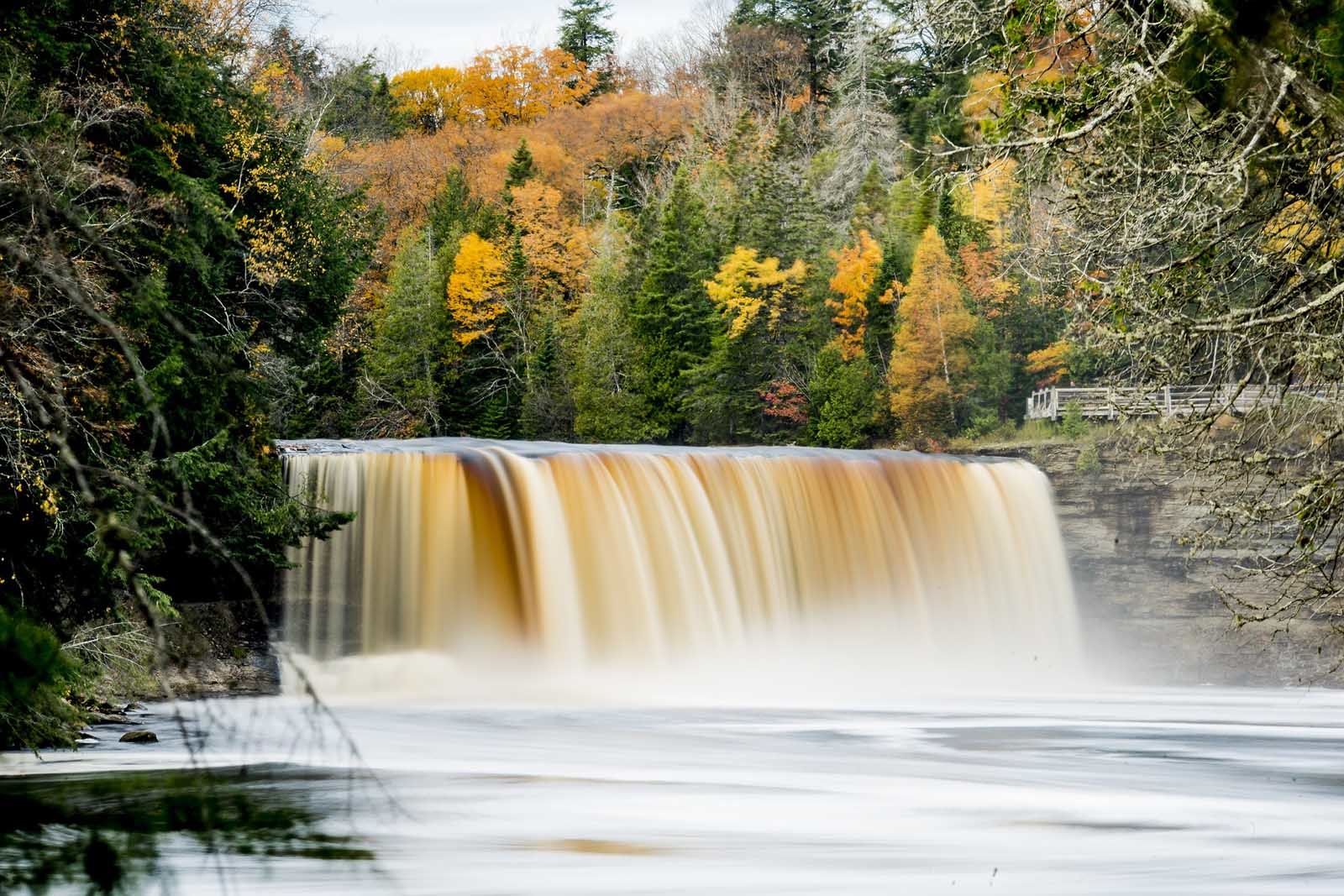 The powerful, amber-colored Upper Tahquamenon Falls surrounded by autumn foliage in Michigan's Upper Peninsula.