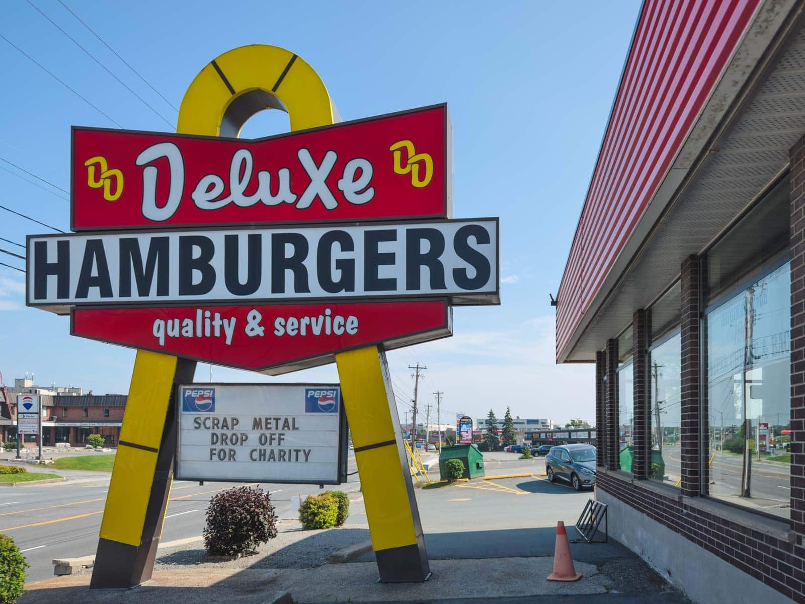 Classic retro diner sign at Deluxe Hamburgers, a Sudbury food institution