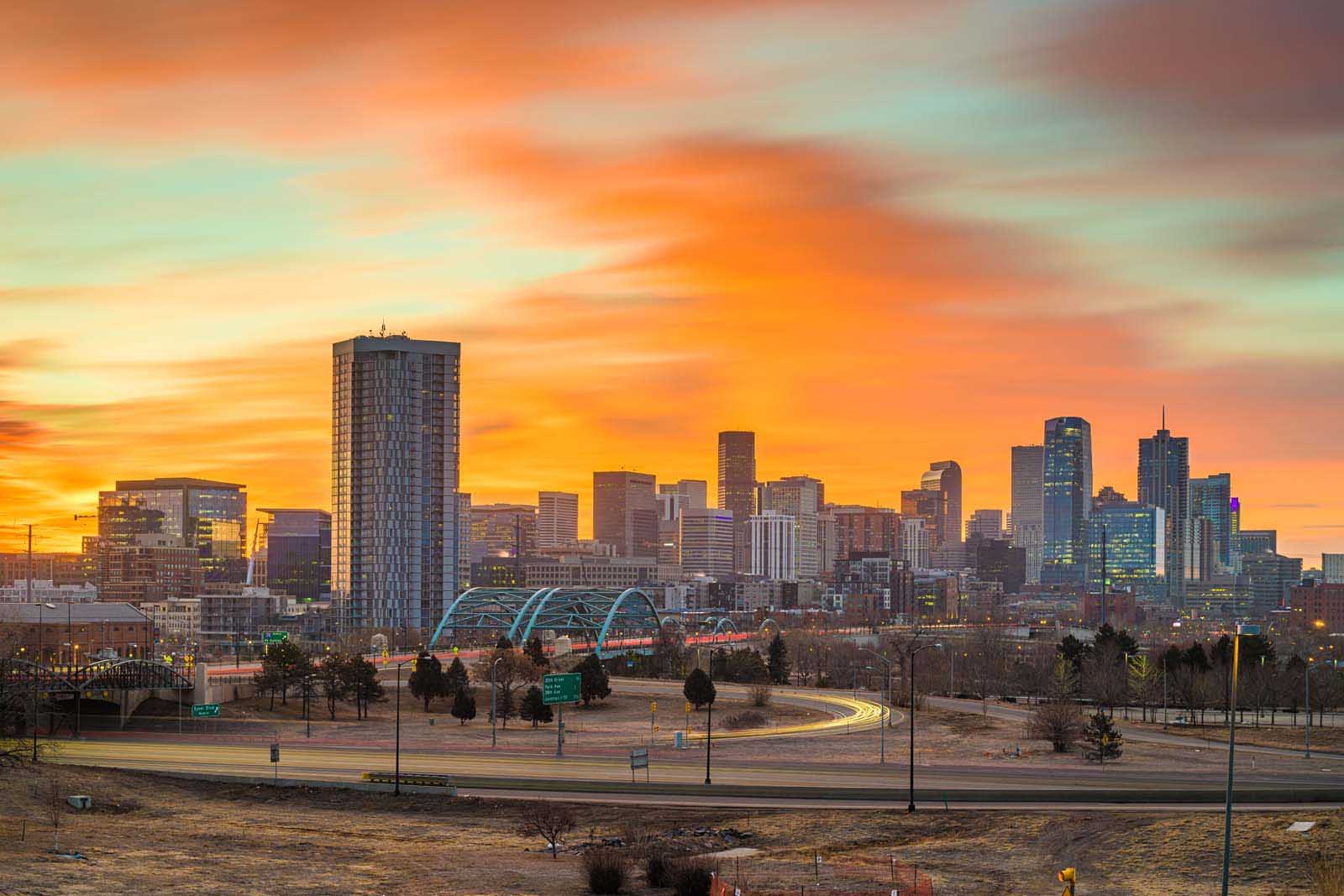 A fall sunset over Denver skyline