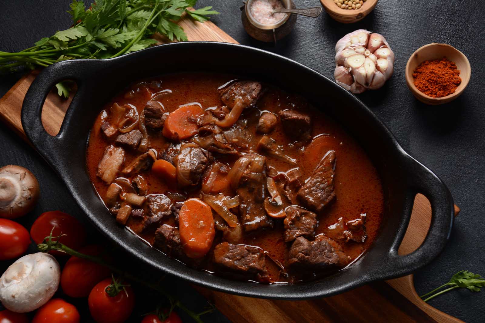 A hearty bowl of Boeuf Bourguignon, the traditional beef and red wine stew from the Burgundy region of France.