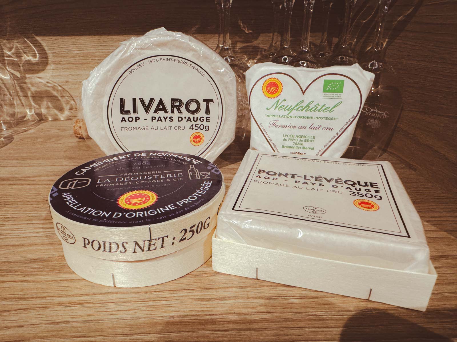 Display of French cheeses that we tried in Normandy.