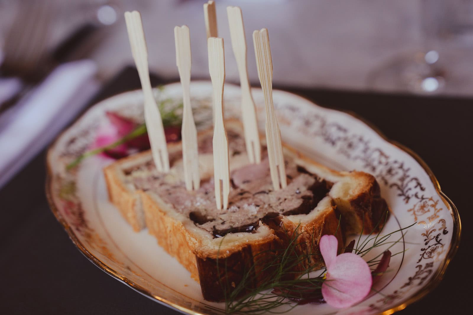 An elegant slice of foie gras terrine served on toasted brioche with a sweet fig jam.