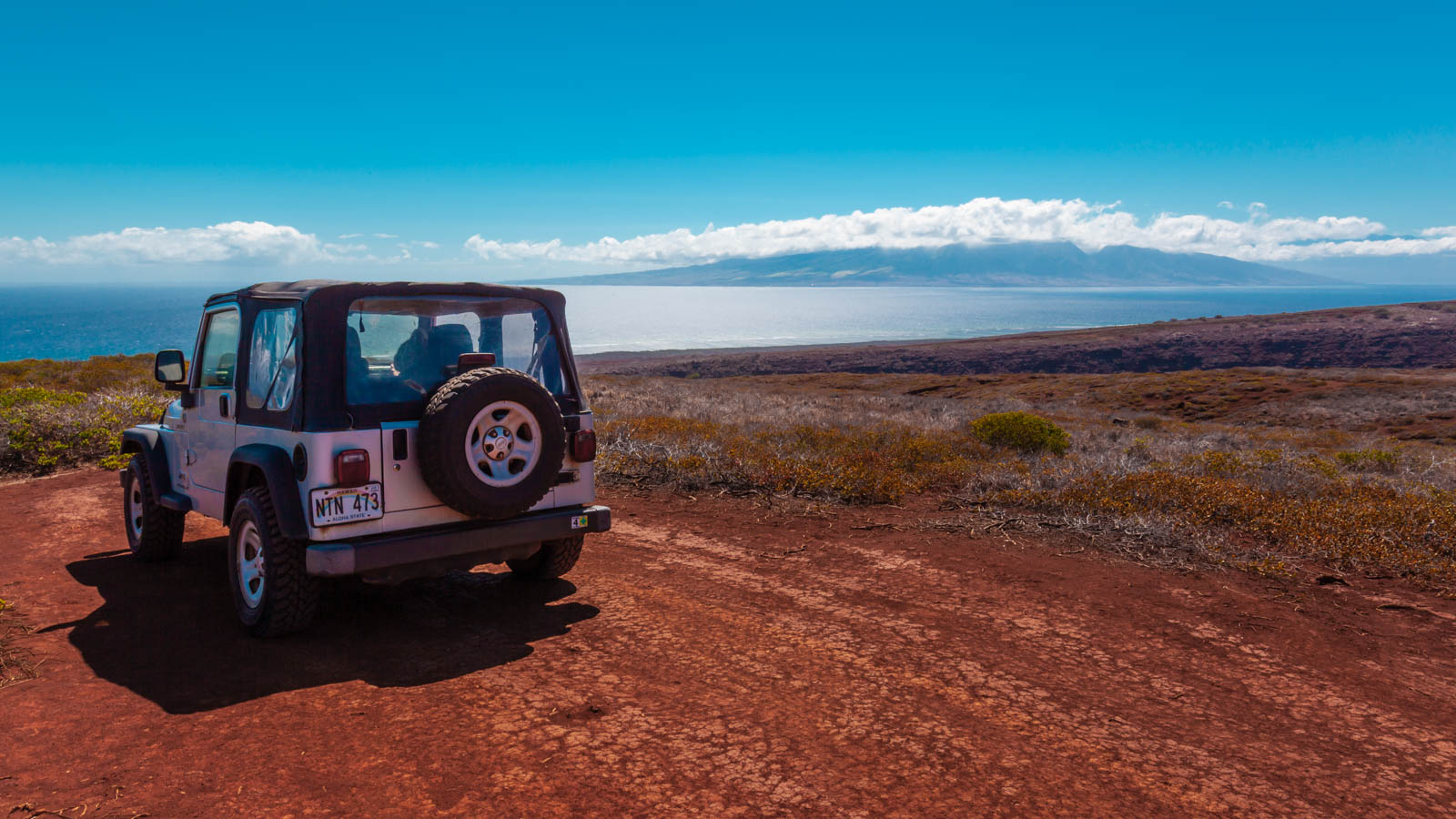 Our 4x4 Jeep driving around the island of Lanai, Hawaii