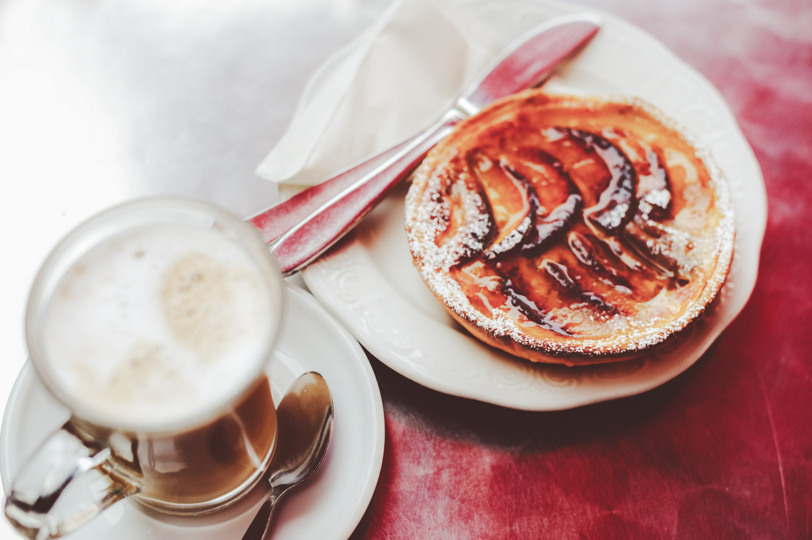 The slice of warm Tarte Tatin with crème fraîche we had for dessert at a countryside restaurant.