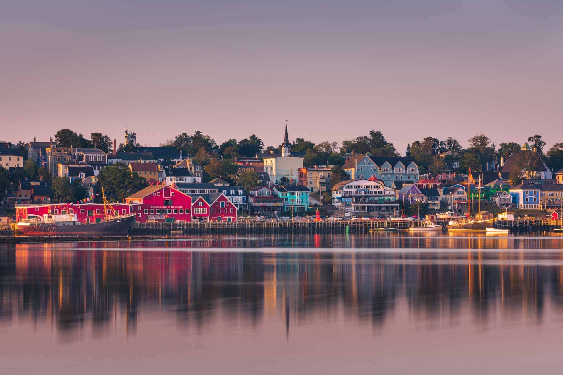 The colourful and historic waterfront buildings of the UNESCO World Heritage town of Lunenburg, Nova Scotia.
