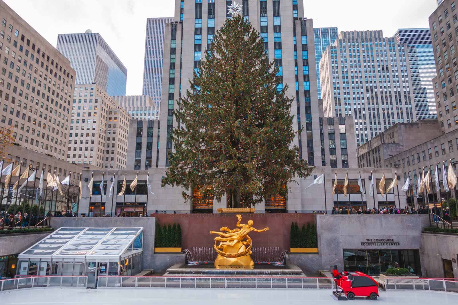 lit-up Rockefeller Center Christmas Tree in New York City.