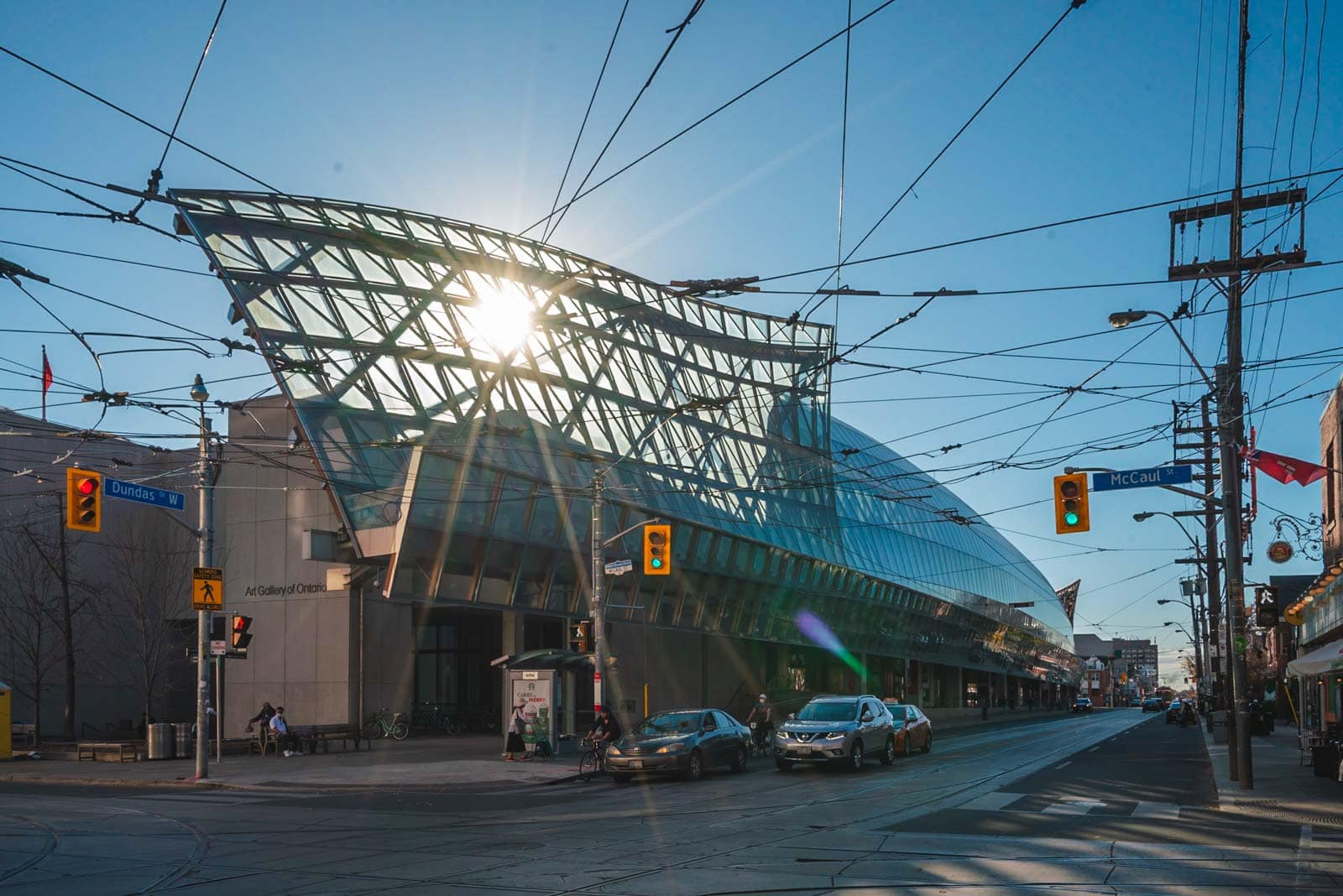 The stunning, glass facade designed by Frank Gehry outside the Art Gallery of Ontario (AGO)