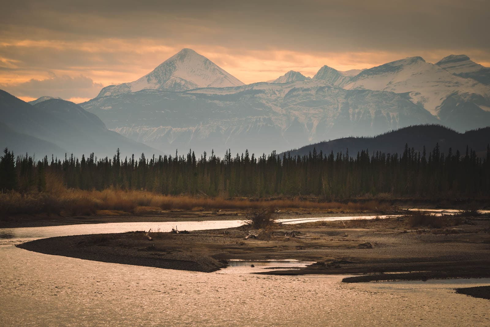 The iconic Jasper National Park, with the Canadian Rocky Mountains in the background.
