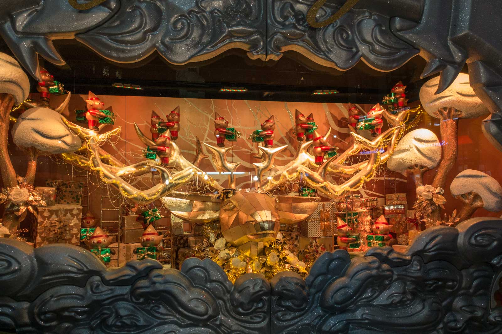 An elaborate and magical Christmas window display at Macy's department store on Fifth Avenue.