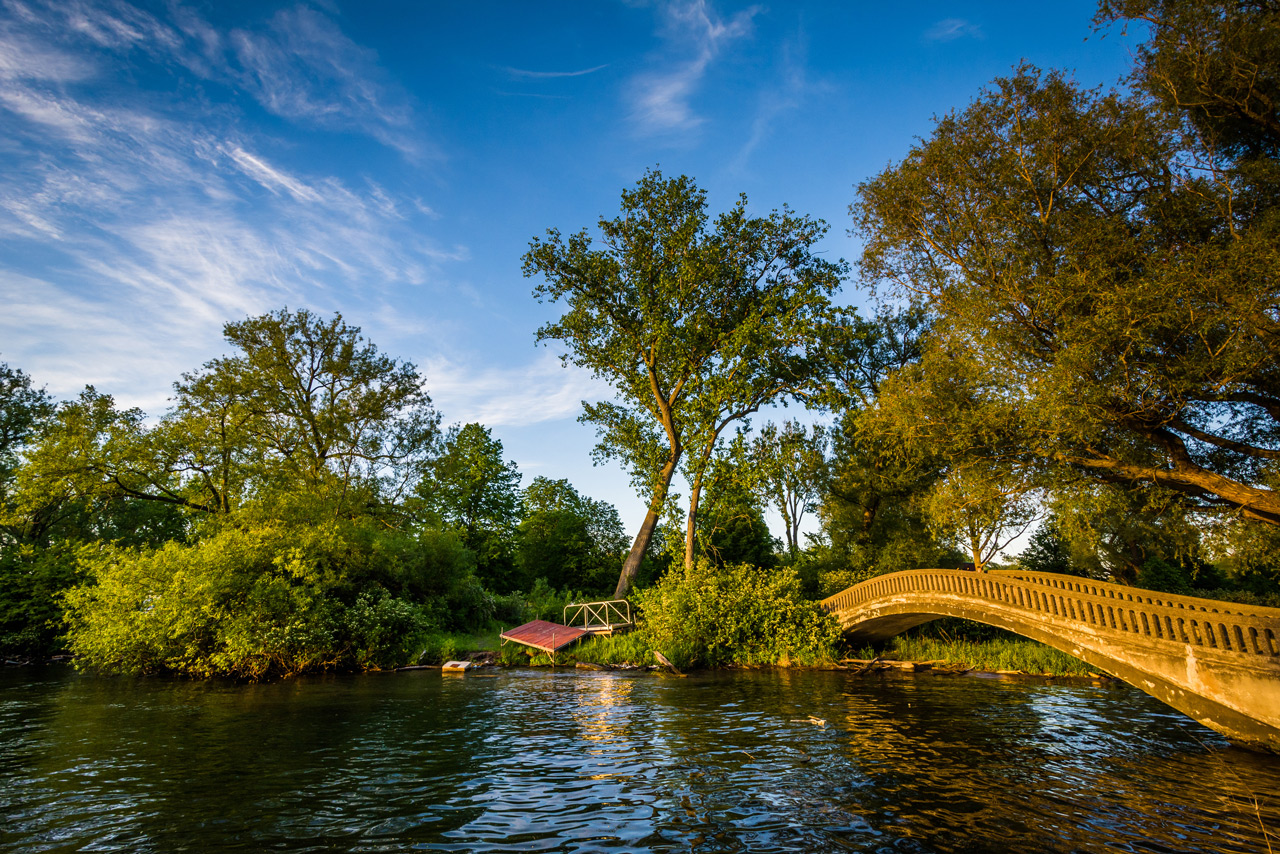Beautiful serene view of the arched bridge on the Toronto Islands.