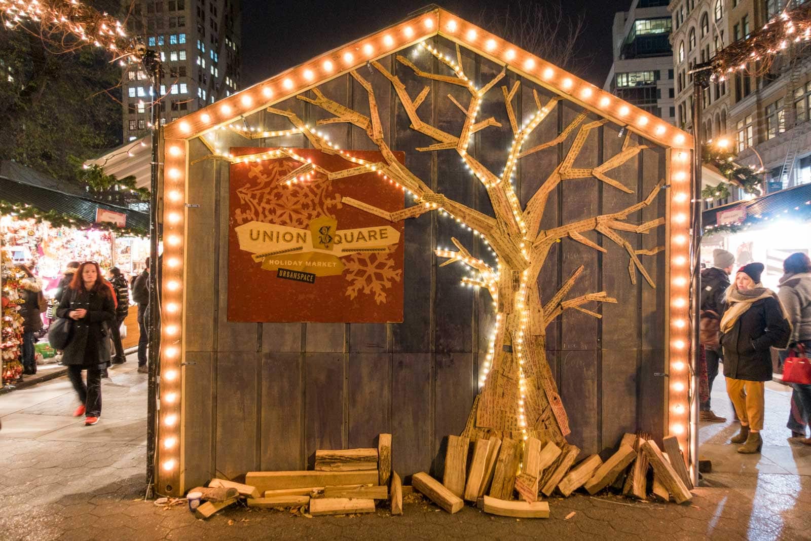The union Square Holiday Market at night in New York City 