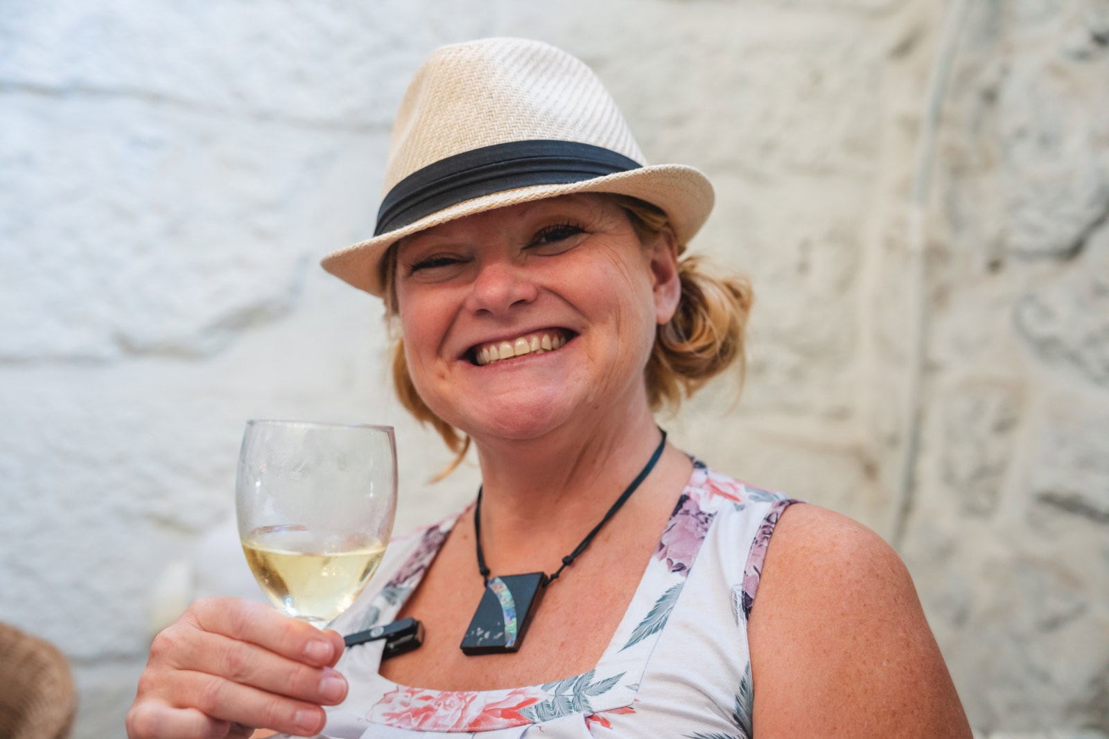 Deb enjoying a glass of Vinho Verde in the hills outside of Guimeres.